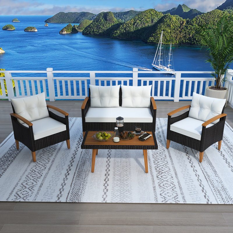 ENSEMBLE DE SIÈGE DE 4 PIÈCES EN PATIO DE PETIT DE PETIT RATTAN PETIT, Beige