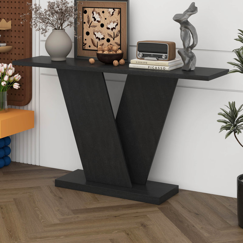 Console avec base en forme de V, tables de canapé minimalistes classiques avec placage en bois naturel pour le salon du vestibule