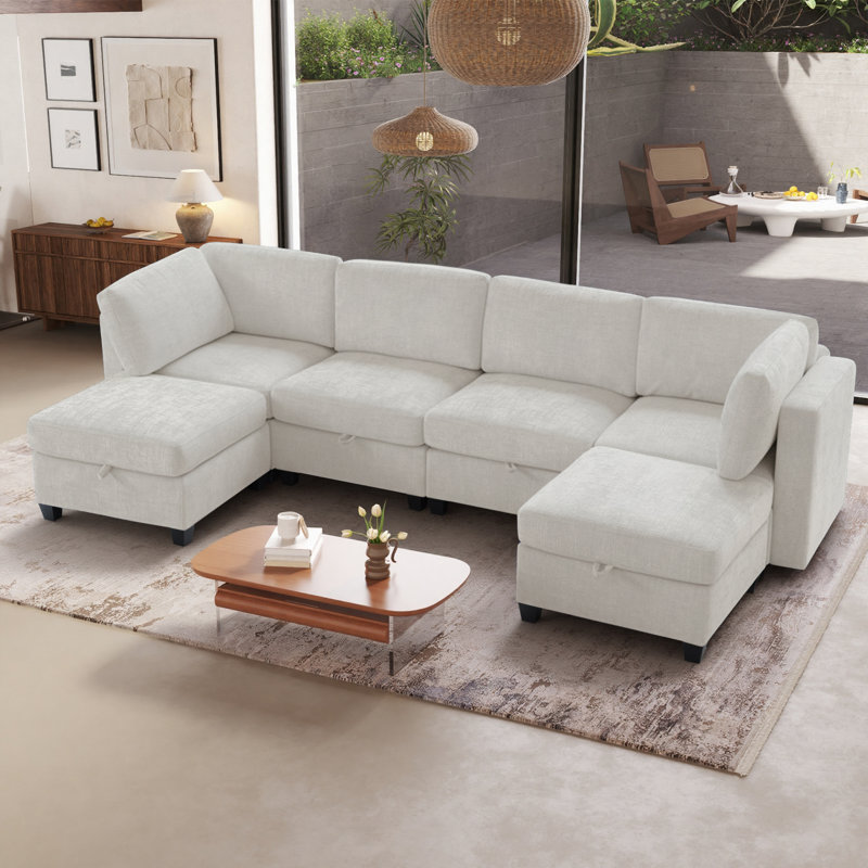 Canapé modulaire en forme de U de 128 po avec rangement sous le siège, canapé-lit moderne et confortable Comfy, Tissu beige