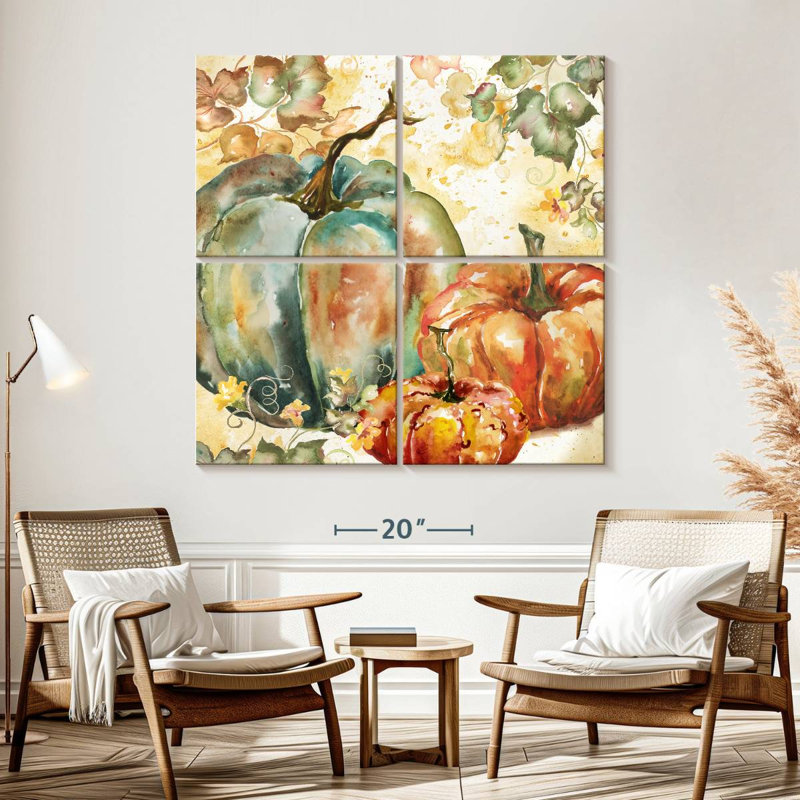 Yarlin, récolte d'aquarelle bleu sarcelle citrouilles I, H 57 po x l 57 po
