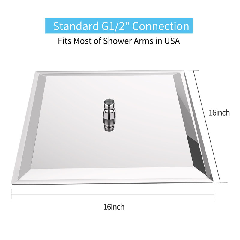 16 Inch Rain Shower Head, Square Ultra Thin 304 Stainless Steel High Pressure Shower Head, Chrome