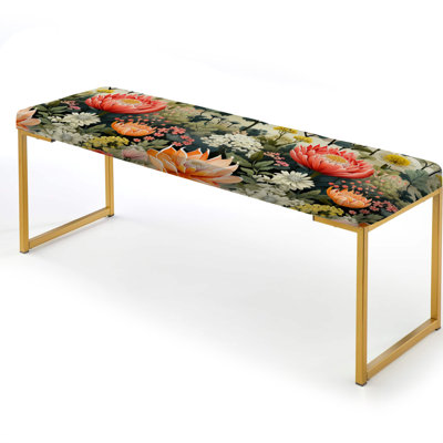 Pink And Green Radiant Floral Oasis Fields - Floral Upholstered Gold Bench