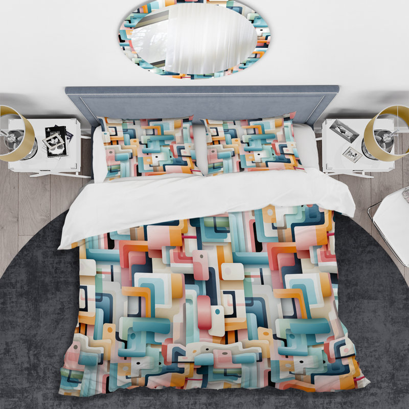Geometric Green And Pink Gridlock I Geometric Shapes Duvet Cover, King Duvet Cover + 2 King Shams