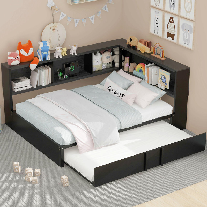 Lit de jour en métal avec lit gigogne, armoires de rangement et ports USB, Lit double, Noir