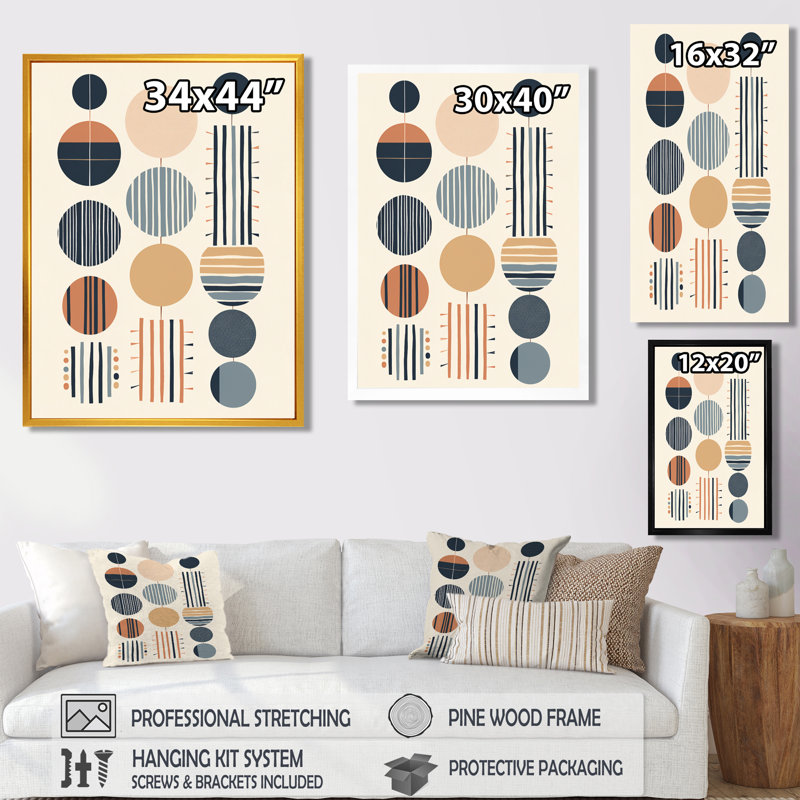 «Geometric Balance», art mural Mid-Century, H 20 po x l 12 po x P 1 po, Toile avec cadre flottant noir