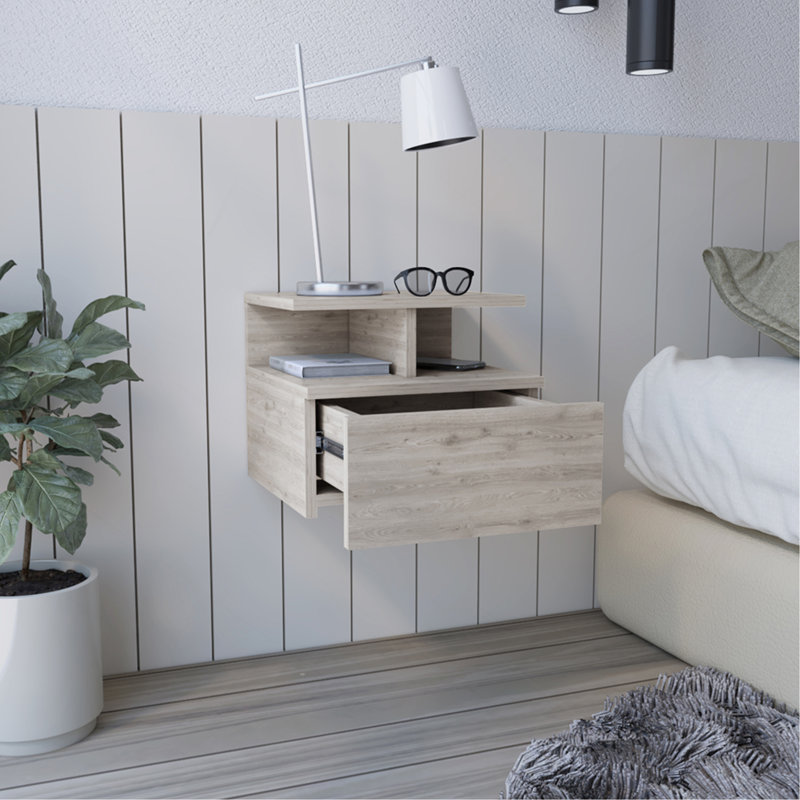 Table de chevet flottante Adele avec tiroir et tablettes de rangement ouvertes Adele, Gris