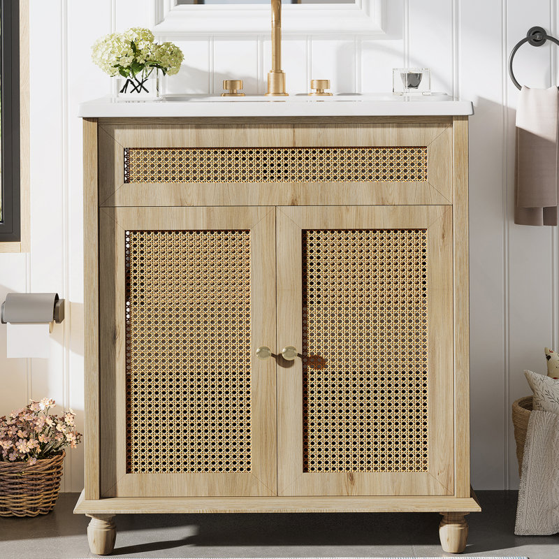Bathroom Vanity With Handwoven Rattan Doors, Solid Wood Legs And Resin Basin For A Natural And Functional Bathroom Upgrade