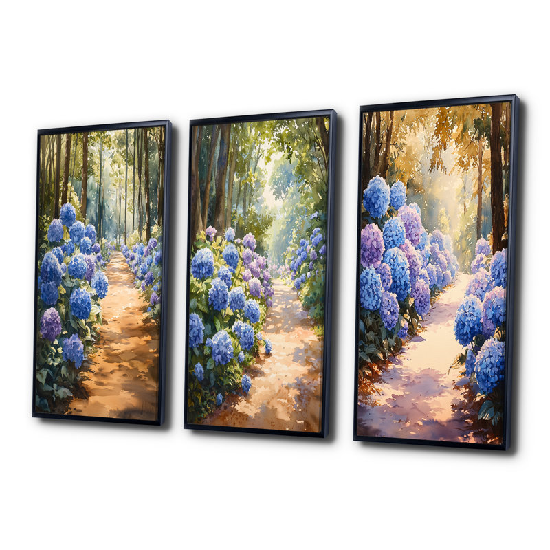Hortensias dans le chemin du jardin I - Collection de décorations murales traditionnelles, Noir, H 32 po x l 48 po
