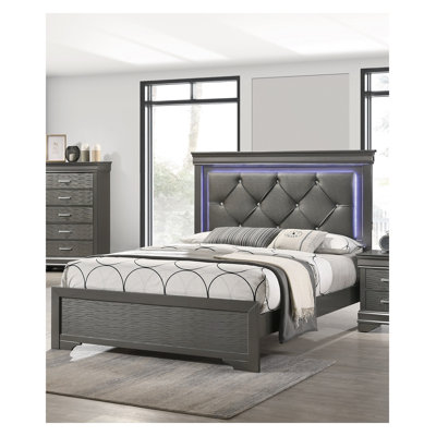 Queen Size Platform Bed with Dark Gray Faux Leather Tufted Headboard and Integrated LED Lighting