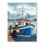 Bateau de pêche bleu avec toit rouge dans le port - reproduction sur toile