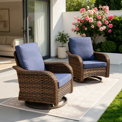 Ensemble de fauteuils oscillants pivotants en osier 2 pièces, chaises berçantes de patio avec coussins pour cour arrière