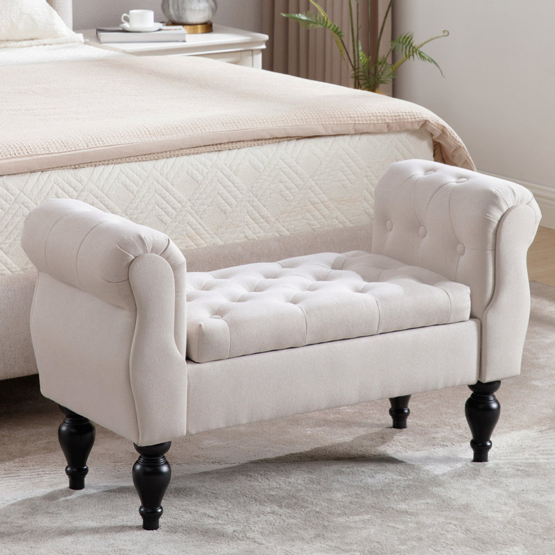 Upholstered Flip Top Storage Bench With Solid Wood Legs, Beige