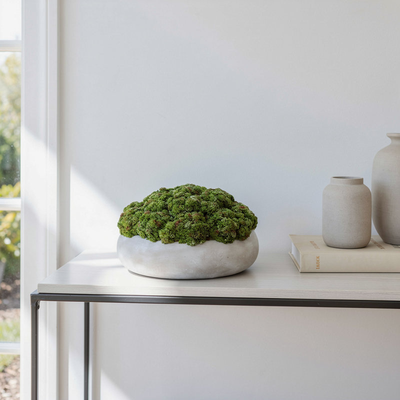 Sedum Arranged in a Stone Planter, Green, 9" H x 15" W x 15" D