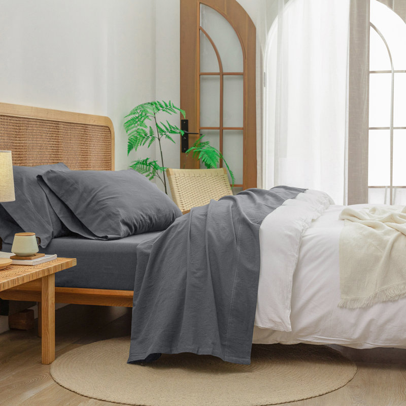 BESTOUCH Sheet Set 100% Washed Cotton Linen Feel Lightweight, Quiet Shade Gray, Full / Double Sheet Set with 2 Pillowcases