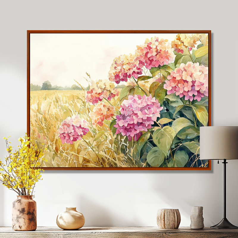 Paysage d'hortensias dans le champ de maïs - hydrangées, art mural, H 24 po x l 32 po, Floater Framed, Brun