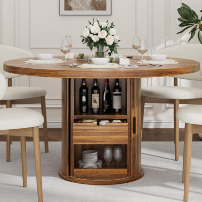 47" Round Farmhouse Dining Table for 4-6, Wooden Circle Kitchen Table with 2-Layer Storage Shelf & Drawer, Fluted Pedestal Base