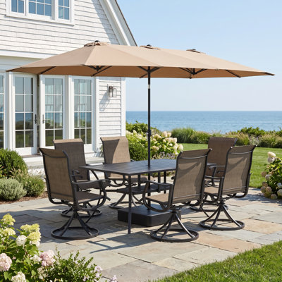 Ensemble repas rectangulaire pour 6 personnes avec parasol et chaises pivotantes Aline