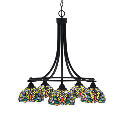 Paramount 5 Light Downlight Chandelier Shown In Matte Black Finish With 7" Kaleidoscope Art Glass