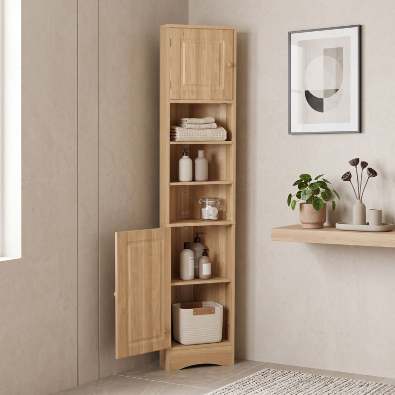 Meuble de rangement en coin triangulaire pour salle de bain avec 3 tablettes réglables, une tablette centrale ouverte et un dispositif anti-basculement
