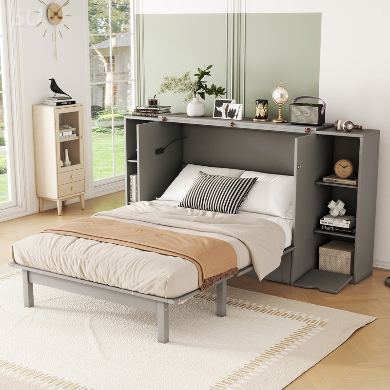 Lit escamotable avec tablettes et tiroirs Murphy, Gris, Lit double
