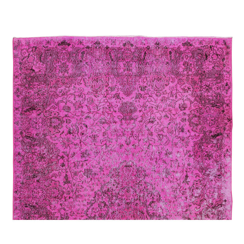Tapis turc noué à la main de 6,5 po x 6,6 pi et teint en rose avec motif de médaillon