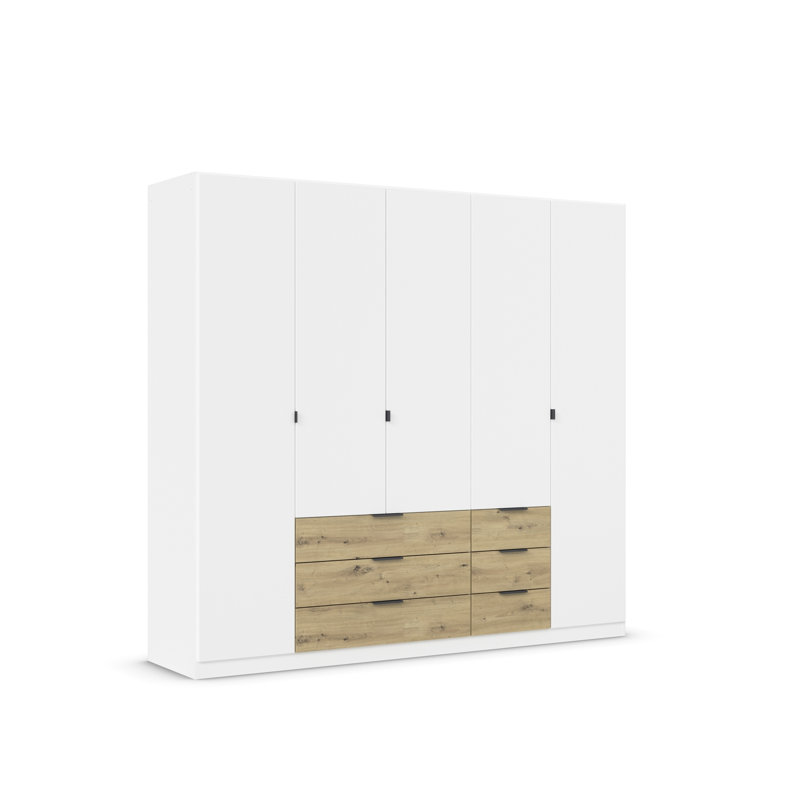 Wardrobe Wardrobe with hinged doors and drawers made in Germany, 210cm H x 226cm W x 54cm D, White/Oak Artisan