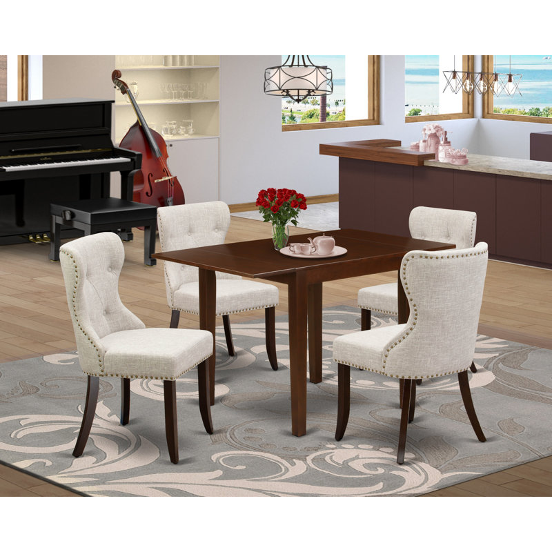 5 Piece Kitchen Table Set for 4 Includes a Rectangle Dining Room Table with Dropleaf and 4 Doeskin Linen Fabric Parsons Chairs, Mahogany