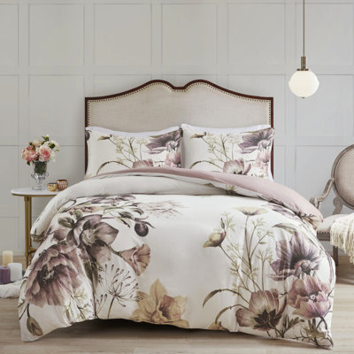 Ensemble de housse de couette de style 3 pièces, imprimé coton, double / grand, imprimé floral élégant, 1 et 2 taies décoratives, fermeture à boutons, attaches de coin, imprimé, motif rosé doux,