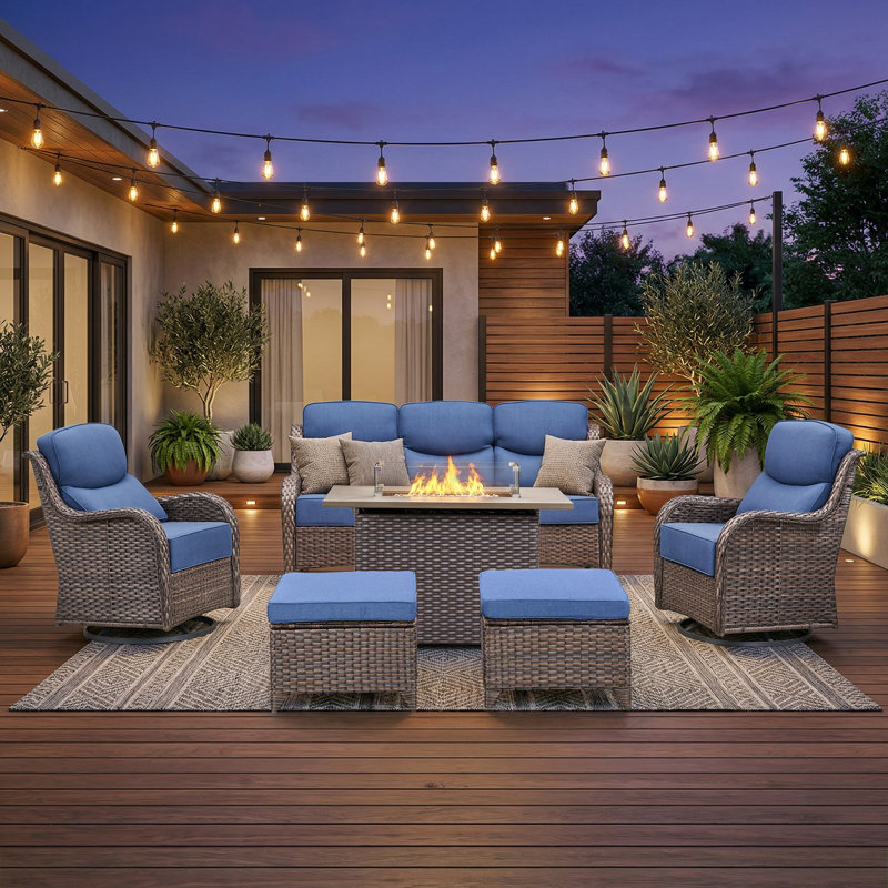 Prunier 6-Piece All-Weather Outdoor Conversation Set With 50,000 BTU Fire Pit Table, 3-Seat Sofa, Swivel Gliders & Ottomans, 6" Thick Cushions