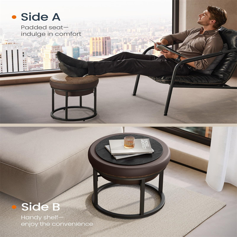 Walnut Brown Round Ottoman with Alloy Steel Frame and Storage