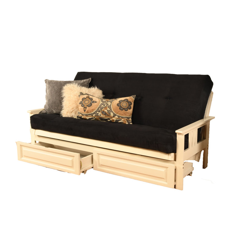 Stratford Full-Size Futon Frame Includes Storage Drawers and Mattress, Suede Black Microsuede, Antique White