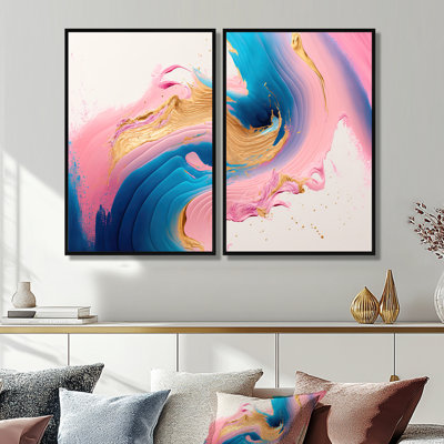 Pink And Gold Waves - Modern Wall Art 2 Pieces