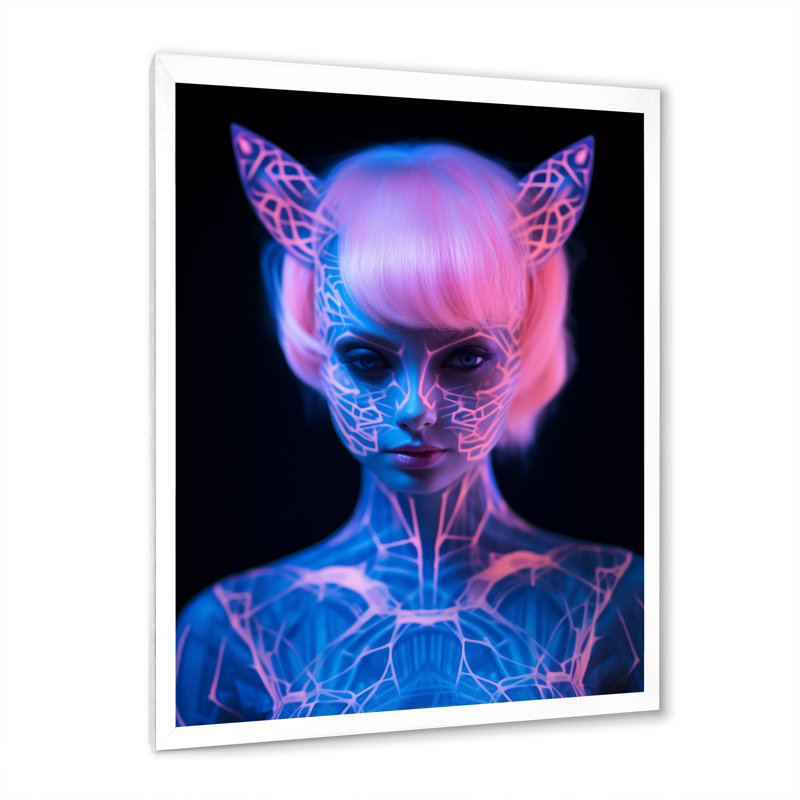 Catgirl In Neon, reproduction d'art sur toile, Cadre simple blanc, H 20 po x l 12 po x P 1 po