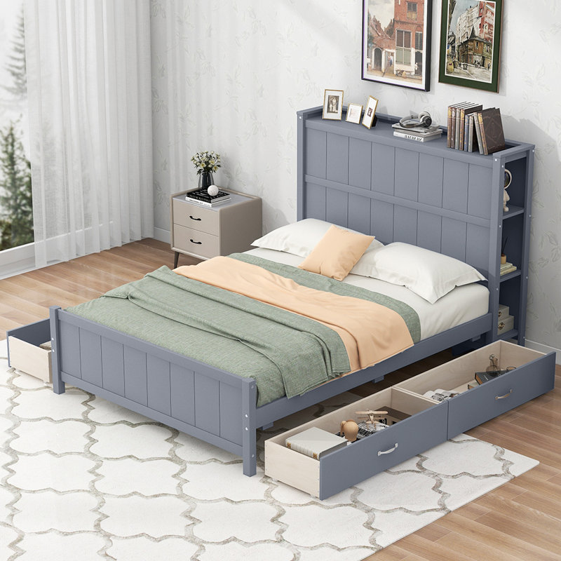 Lit plateforme double avec tiroirs et tablettes de rangement, Gris