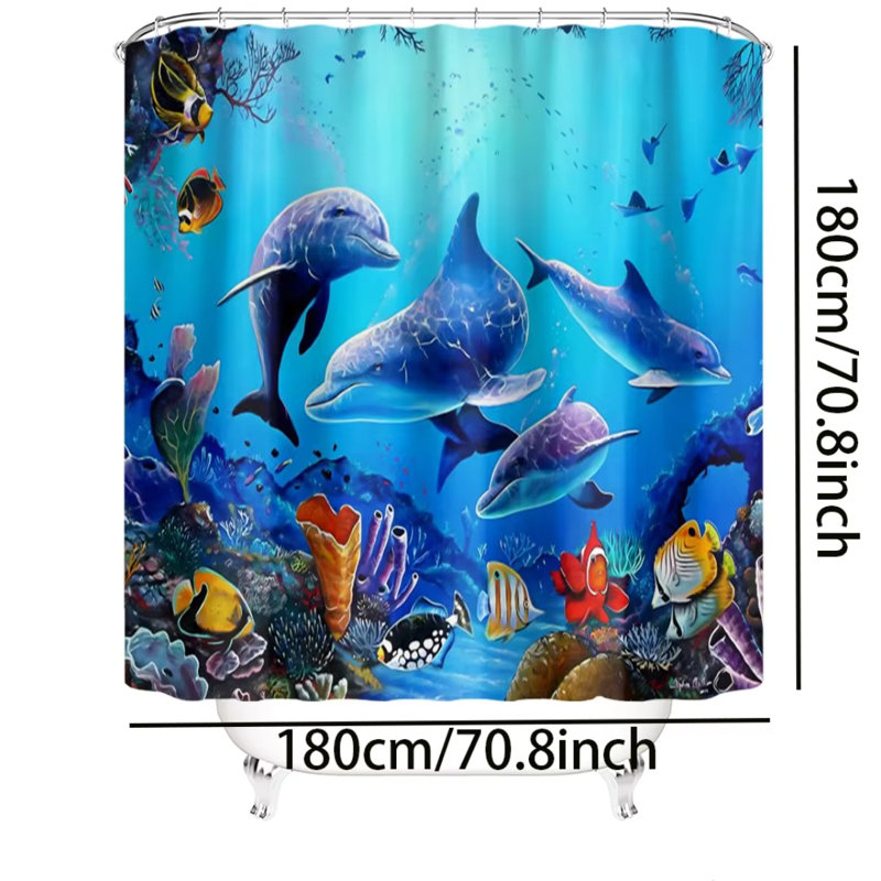 Ensemble de rideau de douche bleu pour salle de bain en polyester à motif de dauphins sous l'eau 70 * 70 pouces