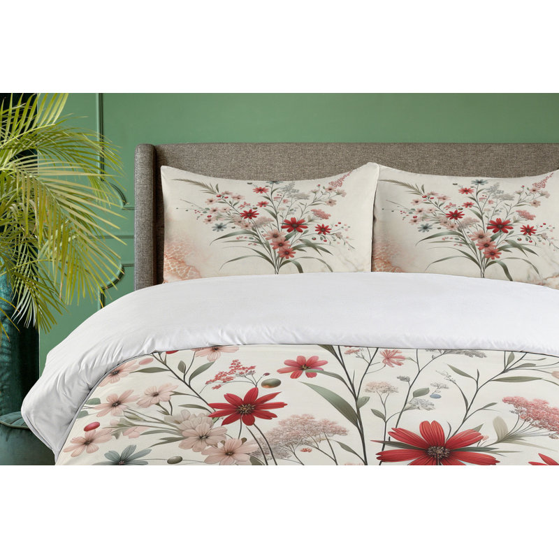 Minimal Flowers Duvet Cover, California King Duvet Cover + 2 Standard Shams
