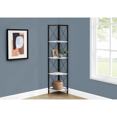 Bibliothèque, bibliothèque, étagère, d'angle, 4 niveaux, H 60 po, bureau, chambre à coucher, stratifié aspect marbre blanc, métal noir, contemporain, moderne