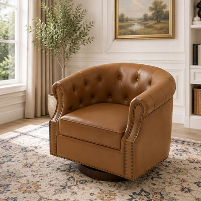 360° Swivel PU Leather Accent Chair with Curved Back and Bentwood Base