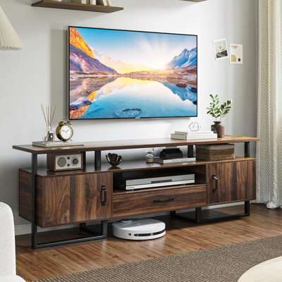 Meuble télé industriel pour meuble télé 75 pouces avec rangement et tiroir, meuble télé de style Mid-Century pour meuble 70 pouces brun rustique