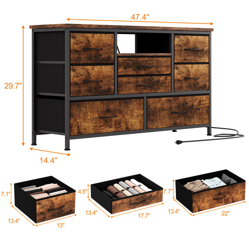 8-Drawer Fabric Dresser TV Stand with RGB LED & Power Outlet, Wood-Top Storage Console for 55" TV, Brown