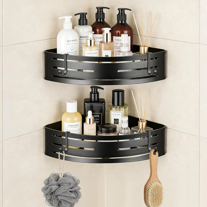 Adhesive Corner Shower Caddy - Silver - 2-Pack, No-Drill 2-Tier Bathroom Corner Shelves With Hooks, Rustproof Aluminum Shower Organizer For Inside Shower