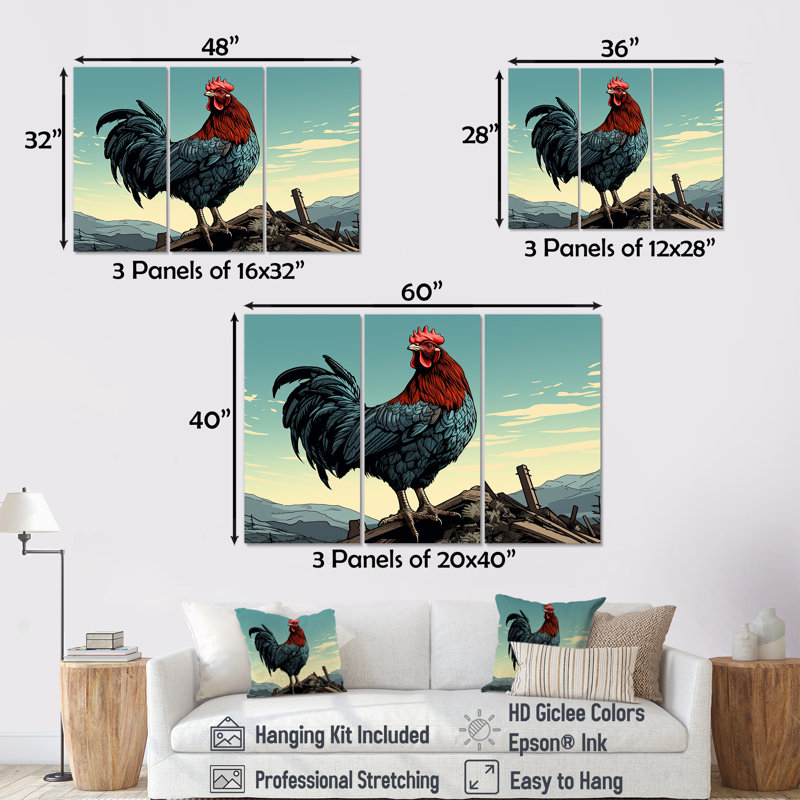 Coq à la ferme, lever de soleil, Toile tendue, H 32 po x l 48 po