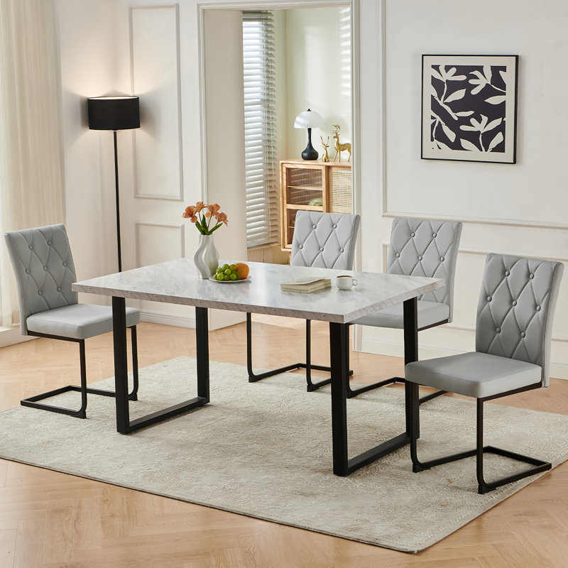 Upholstered Dining Chair with 8.5CM Thick Seat, Grey Faux Leather, 4