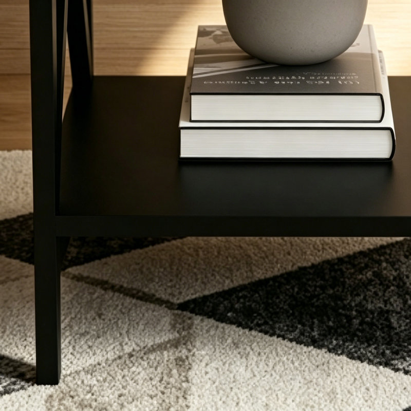 Wooden End Table with Storage Modern Sofa Side Table with X-Shape Design and Two Shelves, Black