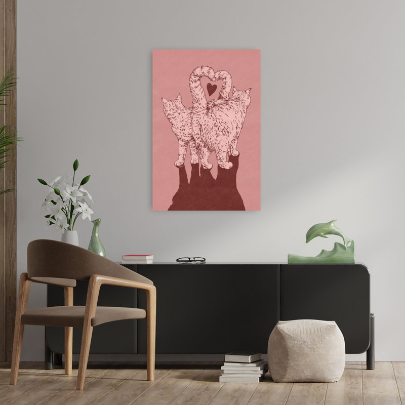 Art mural contemporain avec cœur et chats, H 36 po x l 24 po