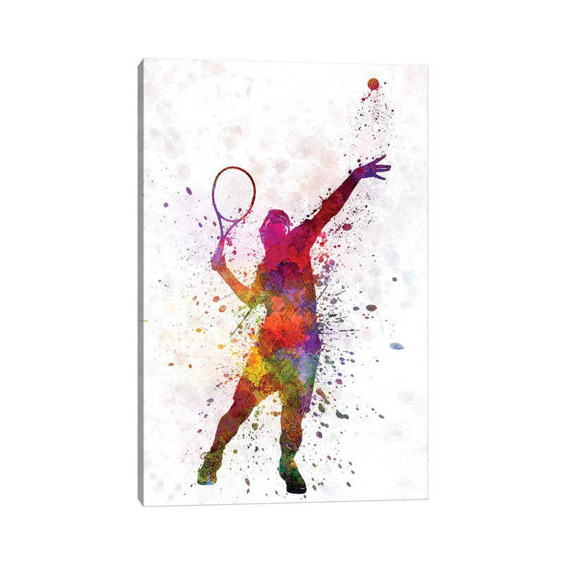 «Tennis Player at Service Serving Silhouette I» par Paul Rommer - impression d'art graphique, H 26 po x l 18 po x 1,5 po