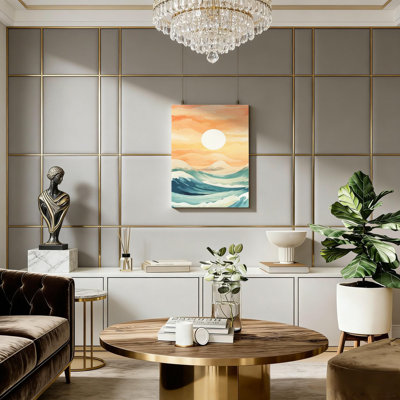 Abstract Ocean Wave Painting Boho Orange Sun Poster Sunrise Sunset Pictures Boho Ocean Sunset Picture，Solid Wood Frame Support,16X 24inch