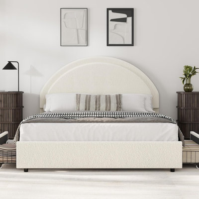Cadre de lit grand format avec 2 tiroirs de rangement, cadre de lit plateforme tapissier doux avec tête de lit ronde, lattes en bois robustes, silencieux, sans sommier tapissier, beige