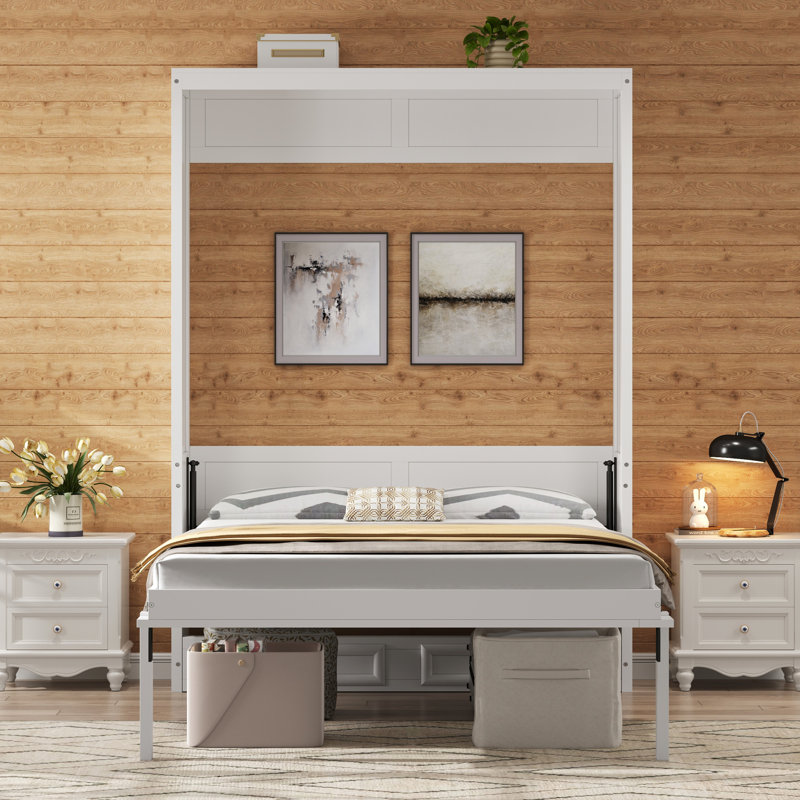Lit escamotable double avec 2 tiroirs, pliable dans l'armoire, finition beige, poignées dorées, structure en bois massif