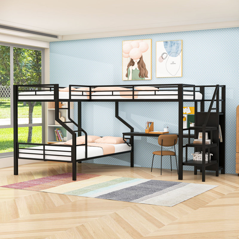 Lit superposé simple et simple au-dessus d'un lit double avec ports USB, armoire, bureau et tablettes